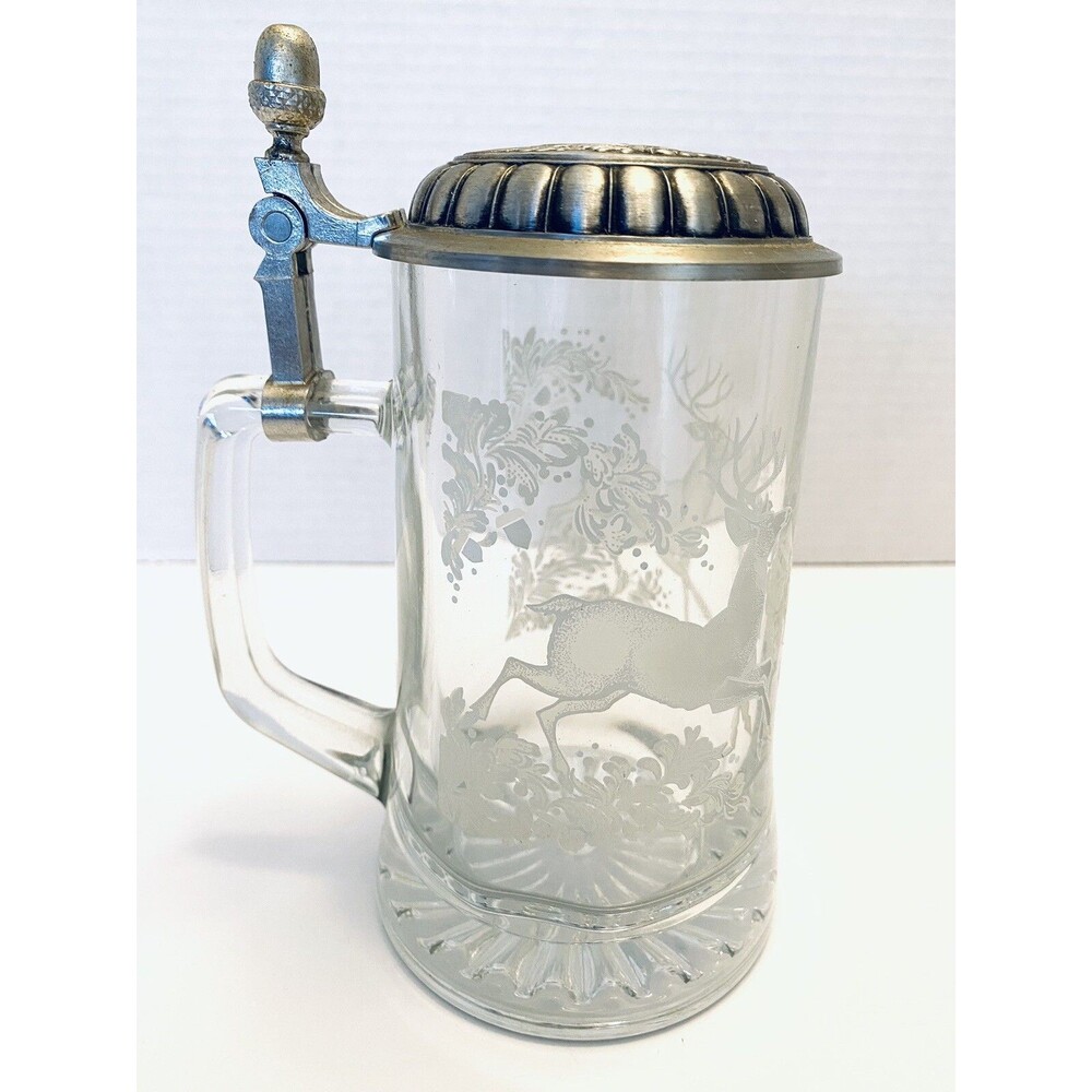 Etched Crystal Pewter Deer Stein Art Beer Drink Glass With Top Made In Germany